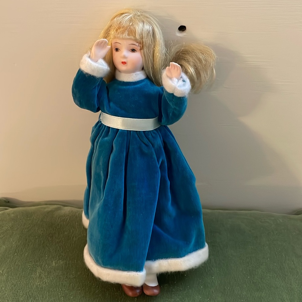 Porcelain doll with stand, 9”, Velvet dress, hand painted